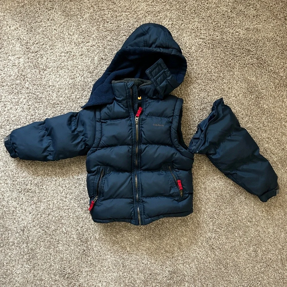 Oshkosh I Navy Blue Puffer Jacket w Fleece Lined‎ Hood & Detachable Arms I M 5/6